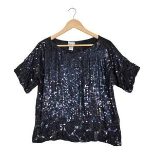 Vintage Cee Cee Silk Sequin Top S Black Iridescent Beaded Party Evening